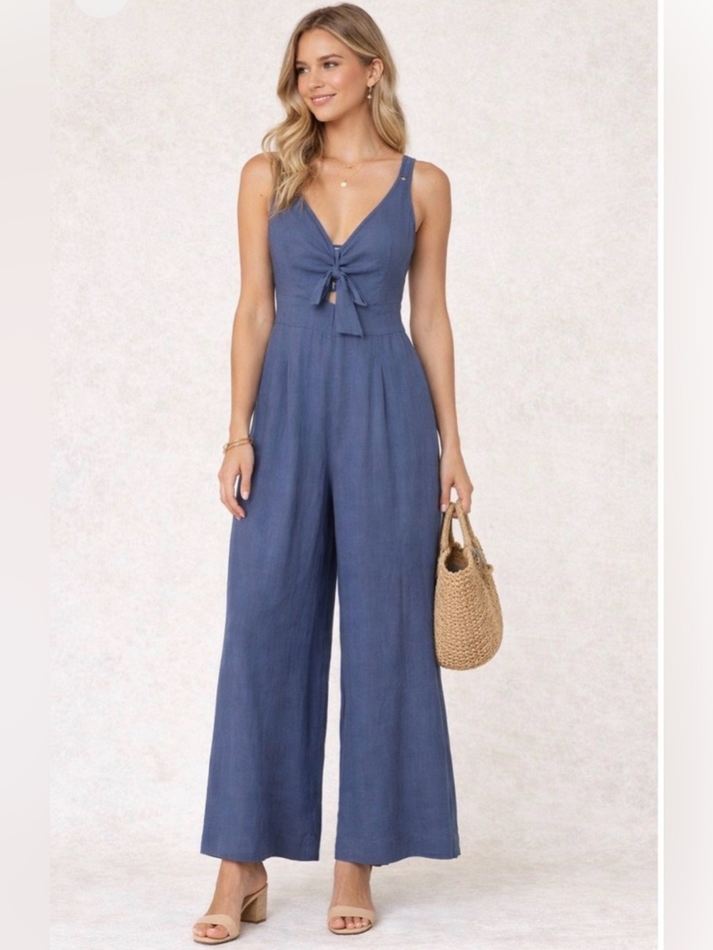 Main Strip Dusty Blue Tie-Front Wide-Leg Jumpsuit